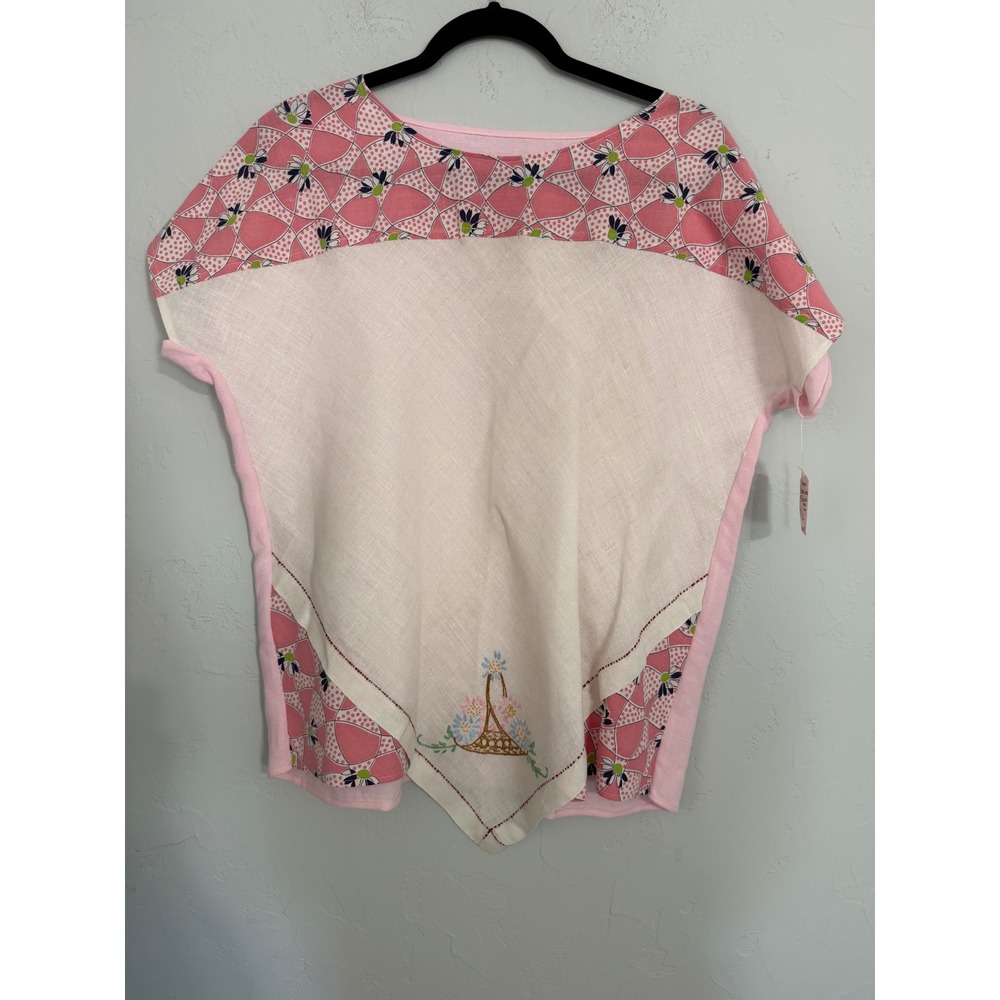 Eliza Jo Upcycled Vintage Linen Flour Sack Top Pink Floral Embroidered Boho L
